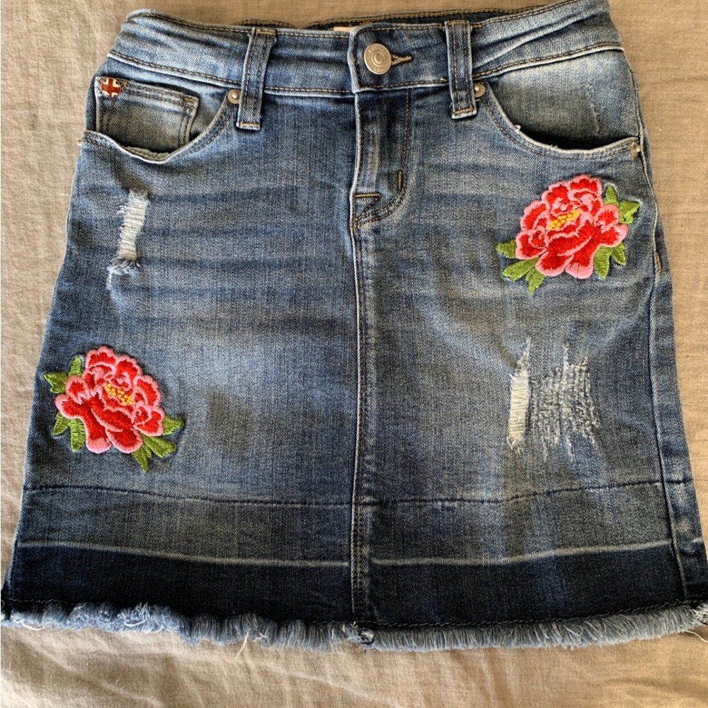 Hudson Jeans Girls Denim Skirt with Pink Floral Patches